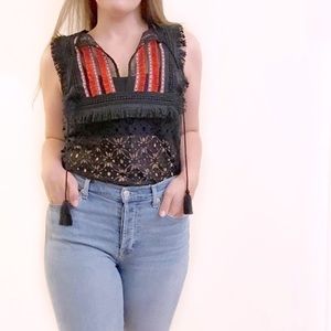 Revolve Endless Rose Black Red Boho Lace Fringe Embroidered Tank Top Festive M